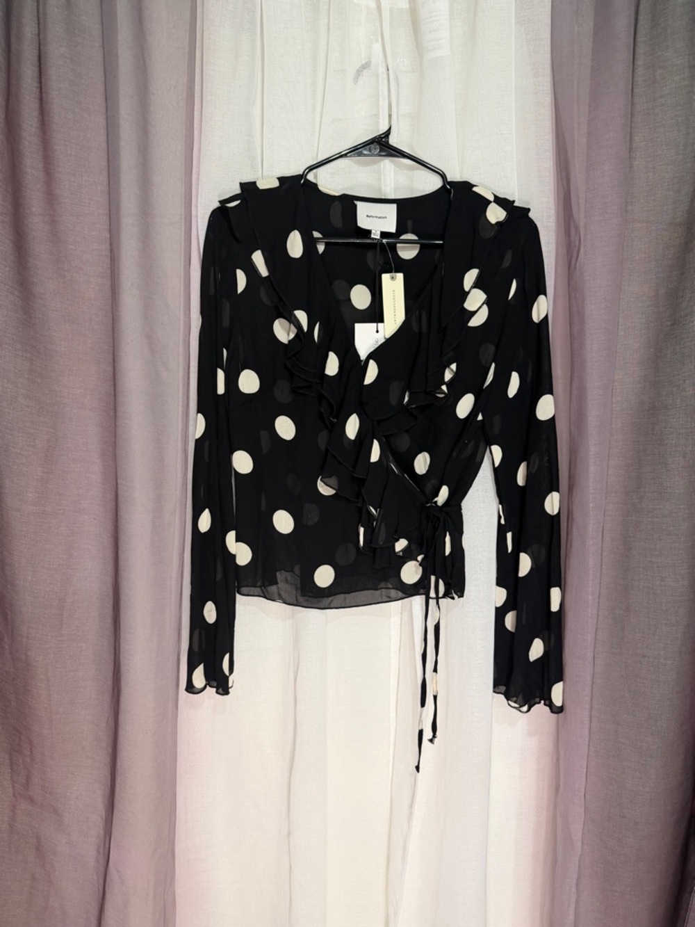 Reformation Black Polka Dot Ruffle Wrap Top- NWT